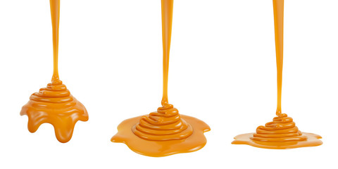 3D rendering of melted caramel or syrup pouring and folding on sphere form and ground plane, isolated on white - Illustration