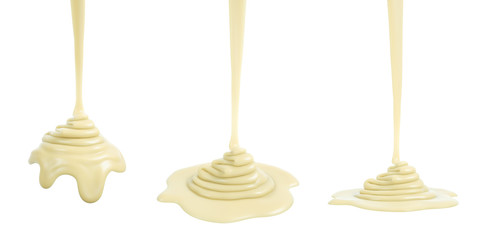 3D rendering of melted white chocolate or cream or white sauce pouring and folding on sphere form and ground plane, isolated on white - Illustration
