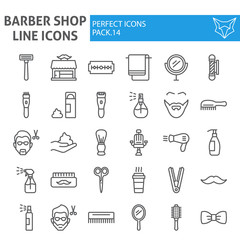 Barber shop line icon set, hairstyle symbols collection, vector sketches, logo illustrations, hair care signs linear pictograms package isolated on white background.