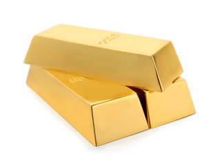 Precious shiny gold bars on white background