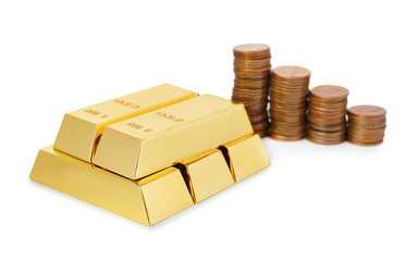Shiny gold bars and coins on white background