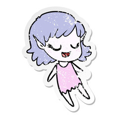 distressed sticker of a happy cartoon elf girl