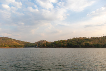 Beautiful nature landscape of big lake with soft bright sky.