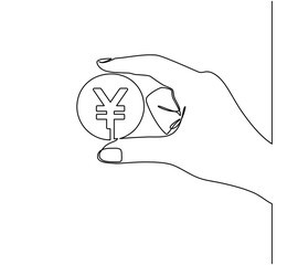 continuous line drawing of hands holding yen. Yen icon, currency symbol, investment icon, banking sign, banking cash. vector