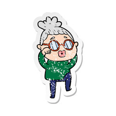 distressed sticker of a cartoon tired woman wearing spectacles