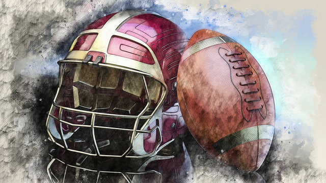 American football Gold-Red helmet and Gold-Brown Ball illustration combined pencil sketch and watercolor sketch. 3D illustration. 3D CG. High resolution.