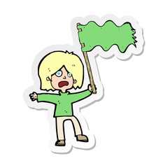 sticker of a cartoon woman waving green flag