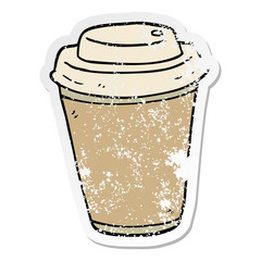 distressed sticker of a cartoon takeout coffee cup