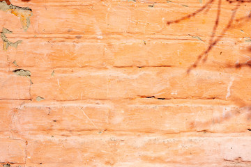 old cracked pink brick wall with shadow of twigs