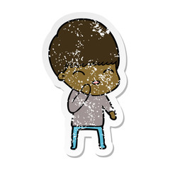 distressed sticker of a happy cartoon boy