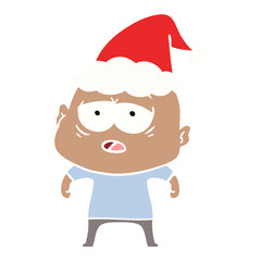flat color illustration of a tired bald man wearing santa hat