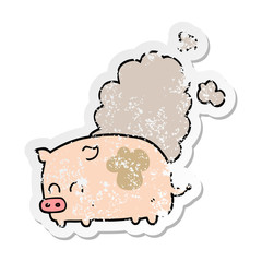distressed sticker of a cartoon smelly pig
