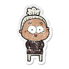 distressed sticker of a cartoon happy old woman