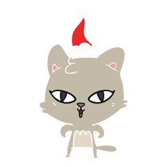 flat color illustration of a cat wearing santa hat