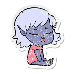 distressed sticker of a pretty cartoon elf girl sitting