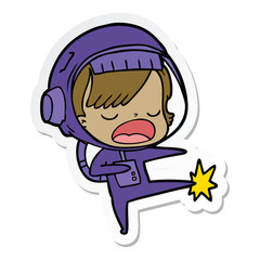 sticker of a cartoon astronaut woman kicking