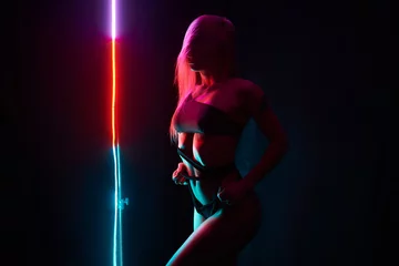 Foto op Plexiglas Pole dance girl with perfect body in black sexy lingerie. Night club concept © MineevPh