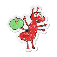 retro distressed sticker of a cartoon ant with apple