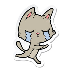 sticker of a crying cartoon cat running