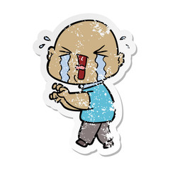 distressed sticker of a cartoon crying bald man