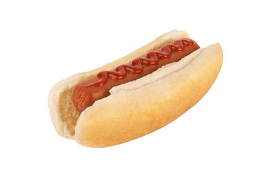 Close up on hot dog with ketchup on top, isolated on white background. Cut out.