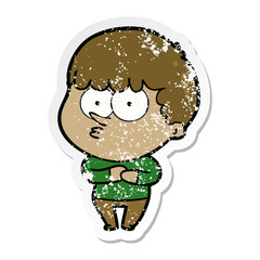 distressed sticker of a cartoon curious boy