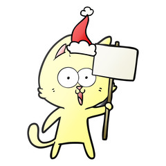 funny gradient cartoon of a cat with sign wearing santa hat