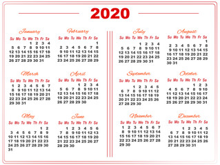 Fototapeta na wymiar 2020 calendar with red numbers in two columns with delimiters