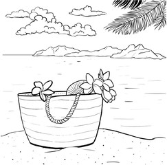 Bag with plumeria near sea and mountains - vector line art - coloring page