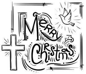 Merry Christmas card with text, cross and dove