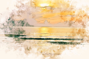 Abstract soft wave and sunrise in the morning watercolor illustration painting background.
