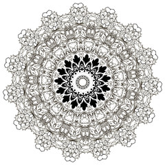 Baroque black and white floral round lace mandala pattern. Vector ornamental baroque victorian style lacy background. Vintage flowers, scroll leaves, lines, shapes. Elegance luxury ornate design