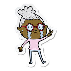 sticker of a cartoon crying woman wearing spectacles