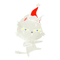 tough retro cartoon of a cat wearing santa hat