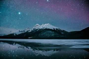 Spray Lakes at night in winter near Canmore, Alberta Canada - obrazy, fototapety, plakaty
