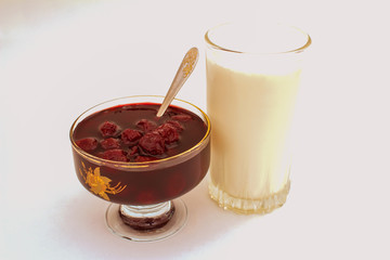 Cherry cherry jam and a glass of milk.