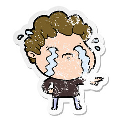 distressed sticker of a cartoon man crying