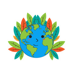 Happy earth planet with leaves. Vector illustration design