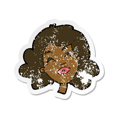 retro distressed sticker of a cartoon happy female face