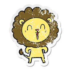 distressed sticker of a laughing lion cartoon