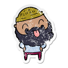 distressed sticker of a man with beard sticking out tongue