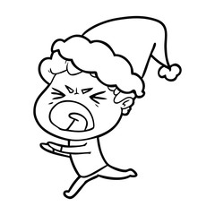 line drawing of a furious man wearing santa hat