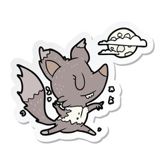 sticker of a cartoon werewolf changing in moonlight