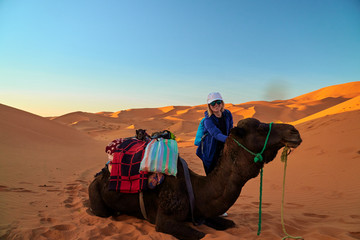 Blonde happy tourist girl at a holiday holding a black camel in the desert at the sunset