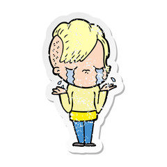 distressed sticker of a cartoon crying girl