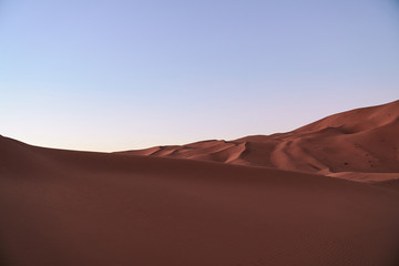 Fototapeta na wymiar Wave shaped dunes in Sahara desert after sunset in Morocco Africa