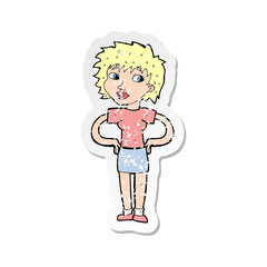retro distressed sticker of a cartoon woman with hands on hips