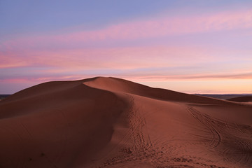 Fototapeta na wymiar Beautiful colorful pink and yellow sunset on a dune in Sahara desert Morocco Africa