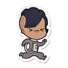 Obraz premium sticker of a cartoon annoyed hipster girl wearing space suit