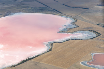 Lake Weering, Victoria, Australia.  Aerial view of the pink lake